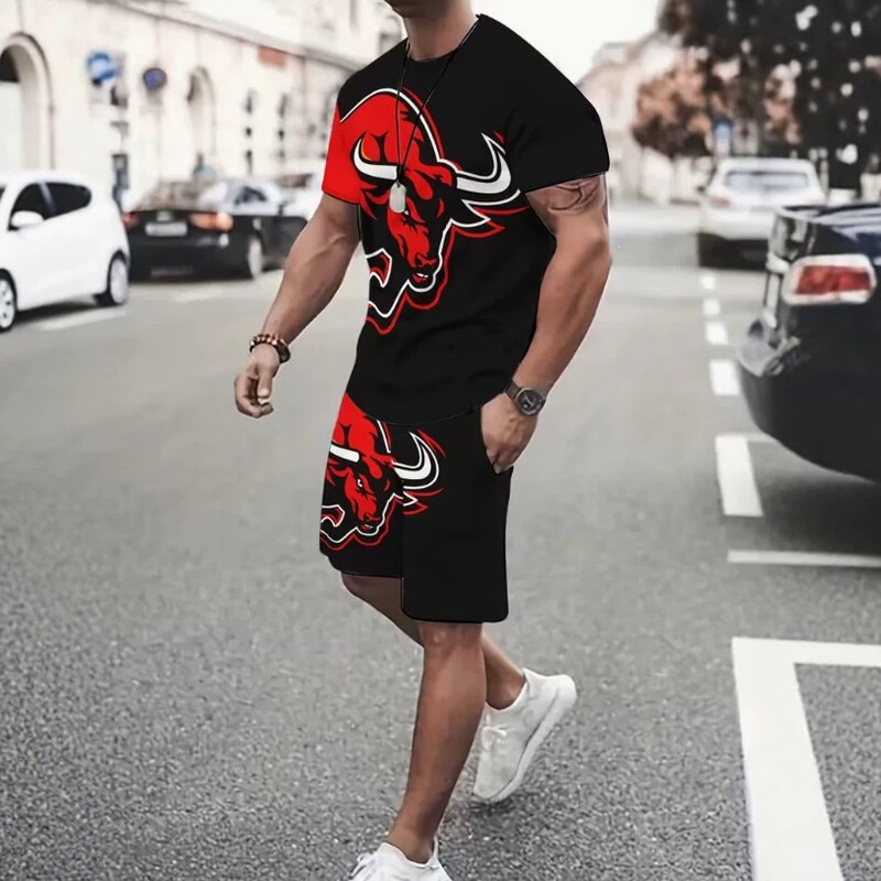 Amazon's New Men's Bull Print Contrasting Color T-Shirt and Shorts Set Summer Casual Sports Men's Two-Piece Set