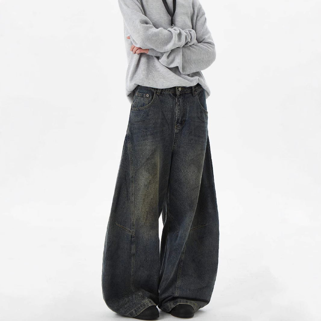 American Niche Deconstructed Washed Scimitar Jeans Men's Design Sense Casual Baggy Wide-Leg Pants Ins_mkmklike.com