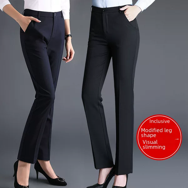 Women's Professional Spring/Summer Thin High-Waisted Straight-Leg Drapey Formal Trousers, Stretchy Black Work Suit Pants for Women