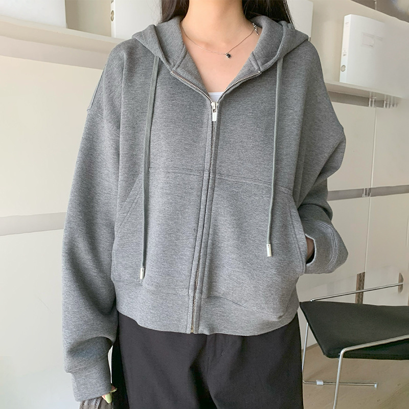 2026 Classic Solid Color Zipper Sweatshirt Jacket for Women, Korean Style Hooded Cardigan, American Casual Loose Hoodie Top