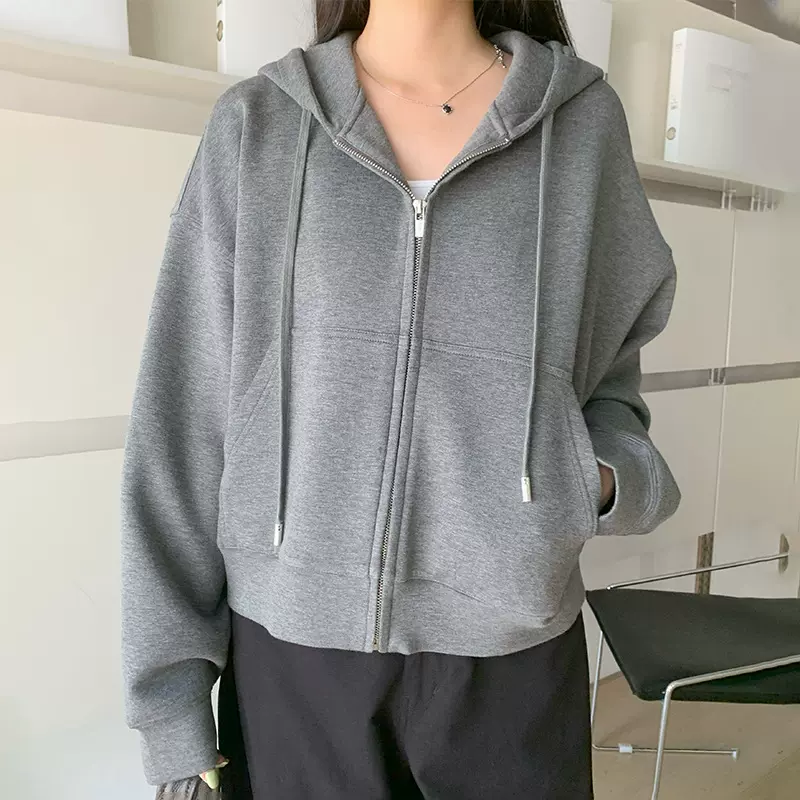 2025经典款纯色拉链卫衣外套女韩系连帽开衫美式休闲宽松帽衫上衣