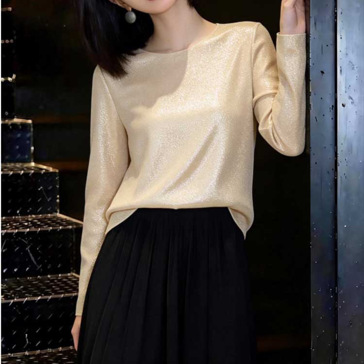 24K Gold Silk Luxurious Flared Long-Sleeve Mulberry Silk Round-Neck Shirt for Women, Elegant and Simple, Loose-Fitting Versatile Silk Top
