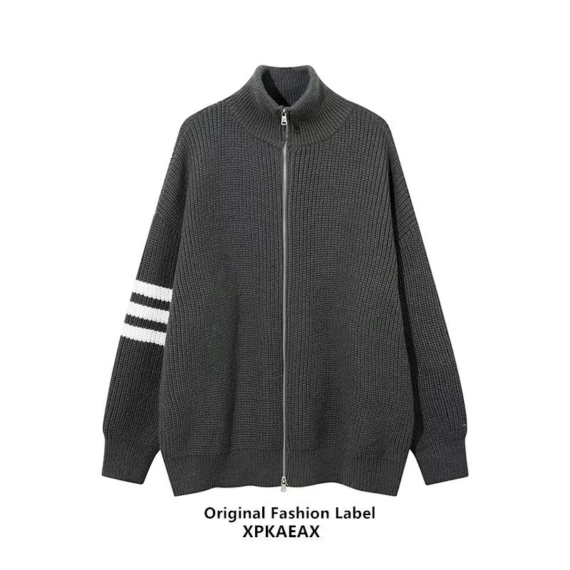 韩版潮牌开衫毛衣男2024秋冬季新款翻领针织衫港风ins宽松外套