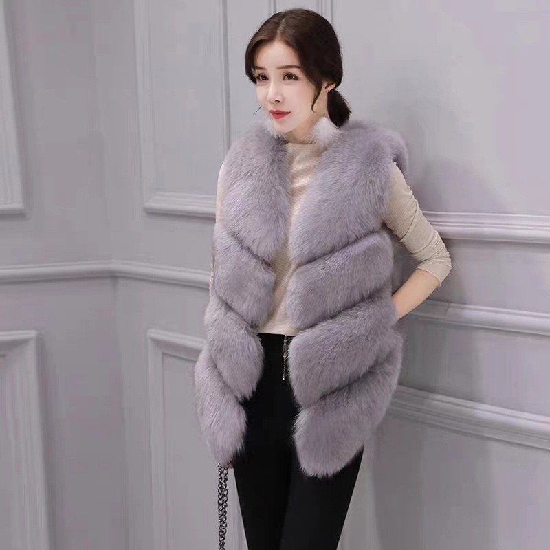Damenbekleidung Herbst und Winter neue Mode Damen dünne Weste grau schlank warm umweltfreundliche Fuchspelzweste_voghion.com