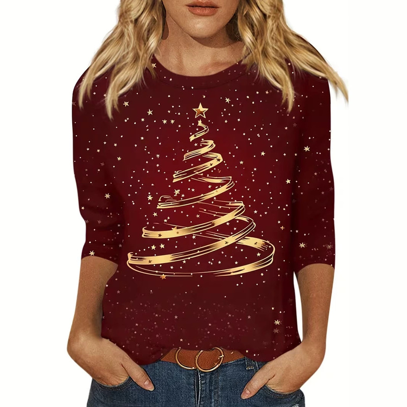 Cross-border TEMU European and American women's spring and autumn casual everyday wear, milk silk Christmas-themed printed round-neck long-sleeve T-shirt Cross-border TEMU European and American women's spring and autumn casual everyday wear, milk silk Christmas-themed printed round-neck long-sleeve T-shirt
