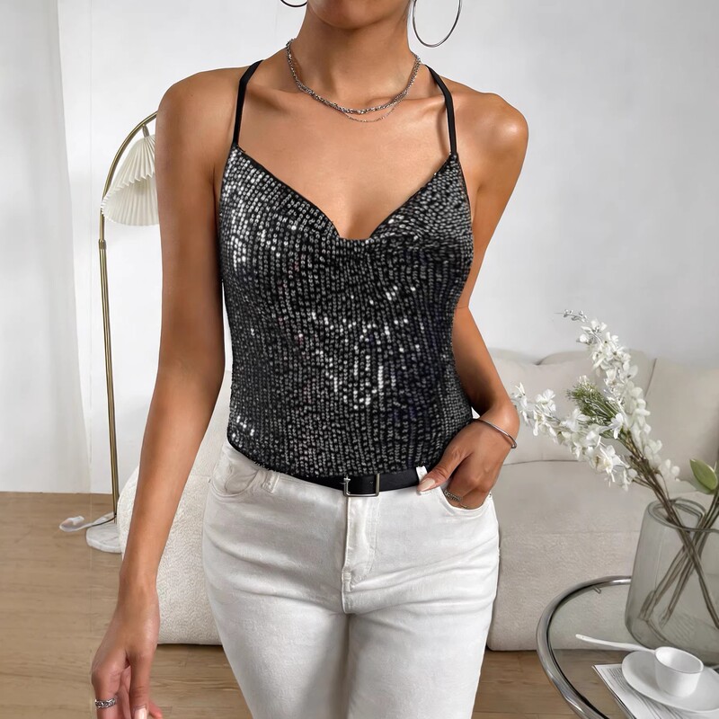 Amazon's New Hot-Selling Sequined Camisole European and American Style Women's Sexy V-Neck Slim Halter Top