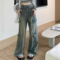 美式复古工装牛仔裤女秋季甜酷宽松高腰显瘦直筒阔腿裤子拖地长裤