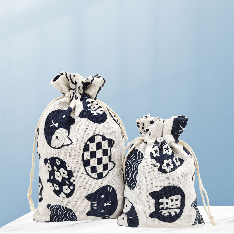 棉布束口袋抽绳礼物袋棉布蓝猫款印花小布袋草药收纳包装袋批发