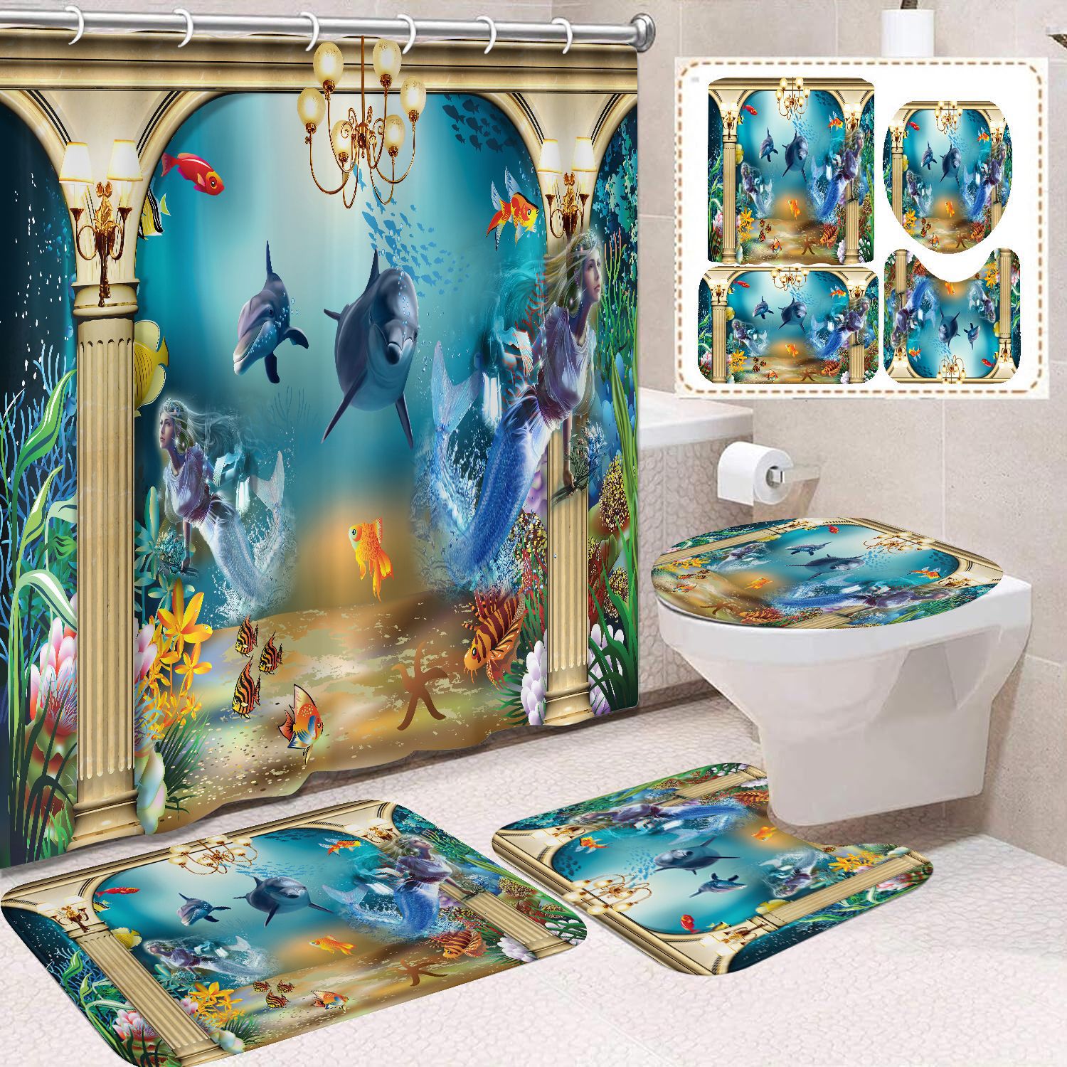 Cortina de ducha transfronteriza con diseño de delfines azules, estampada digitalmente, de poliéster, sin perforaciones, para baño, decoración del hogar image 6