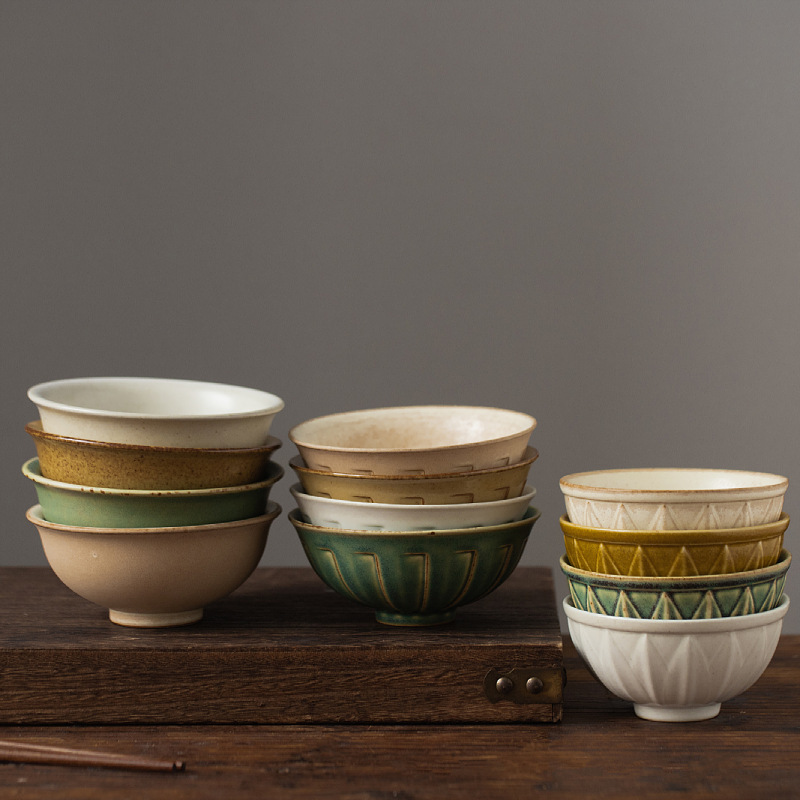 Retro stoneware rice bowl solid color Japanese round handmade dessert bowl home hotel restaurant table ceramic soup bowl
