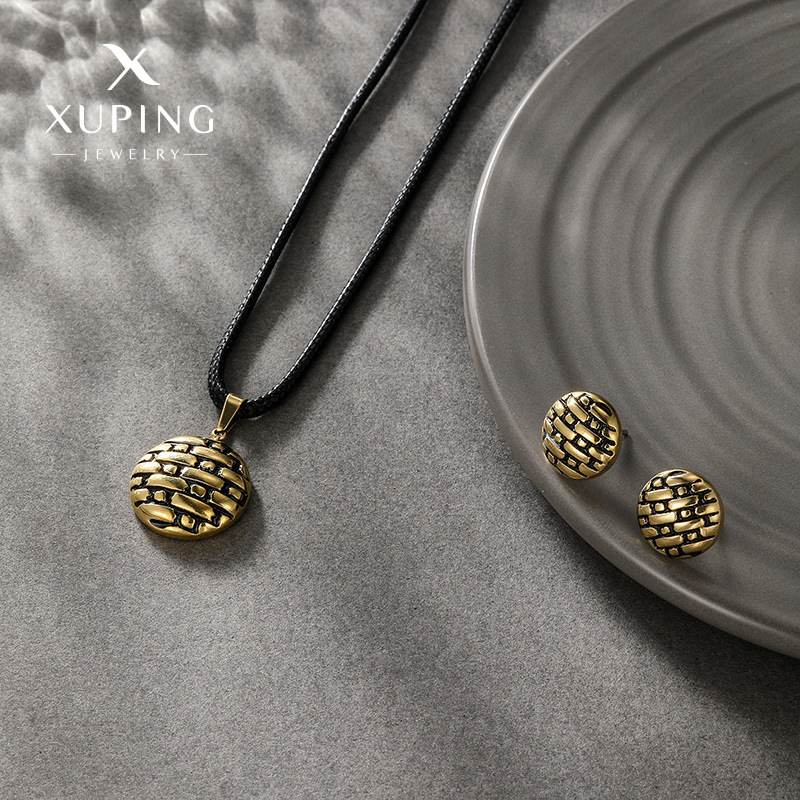 Nuevo conjunto de collar y aretes unisex de cuerda negra con diseño vintage desgastado en acero inoxidable color oro de 14k de Xuping image 1