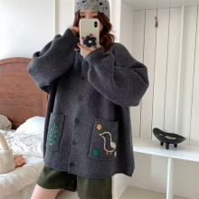 韩系慵懒风宽松甜美针织衫口袋刺绣花朵高级感减龄针织开衫毛衣女