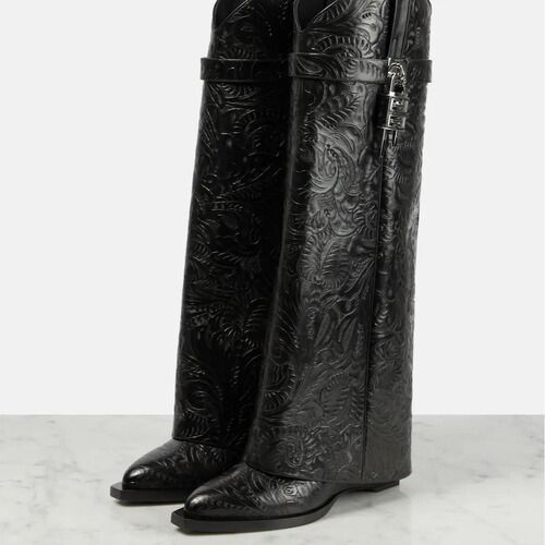European and American style new wedge heel pointed-toe metal buckle black printed pant boot export market large size sleeve long tube women's boots