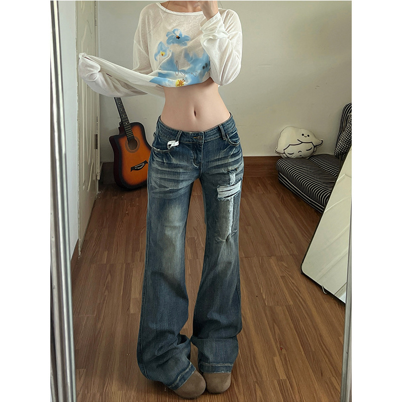 American Retro Design Double-Pocket Cross-Shaped Denim Jeans for Women, Slim Fit, Ripped Flared Pants