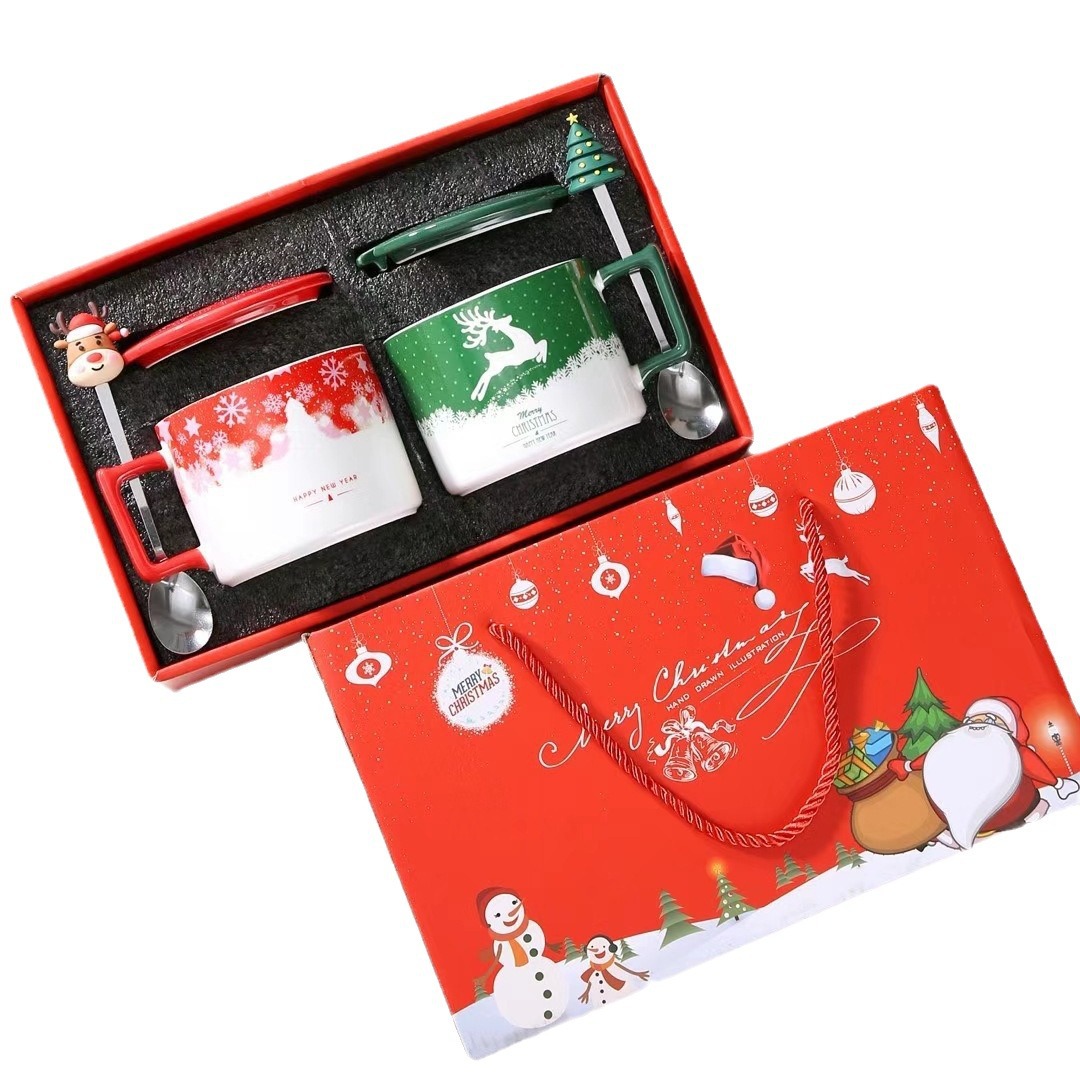 Caja de regalo de Navidad pareja taza de regalo taza de agua de cerámica árbol de Navidad personalizado copo de nieve taza de alto aspecto taza