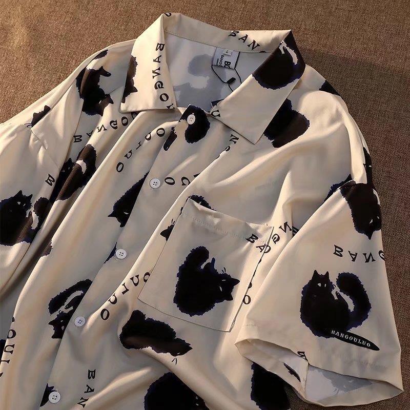Japanese style vintage cute cat shirt men's short-sleeved summer couple loose bf Hong Kong style square collar shirt ins fashion