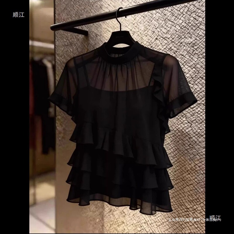 Lightly Mature Style Black Ruffled Short-Sleeved Shirt with a Camisole Underneath, Two-Piece Set, Super Stylish and Slimming See-Through Top for Summer Lightly Mature Style Black Ruffled Short-Sleeved Shirt with a Camisole Underneath, Two-Piece Set, Super Stylish and Slimming See-Through Top for Summer
