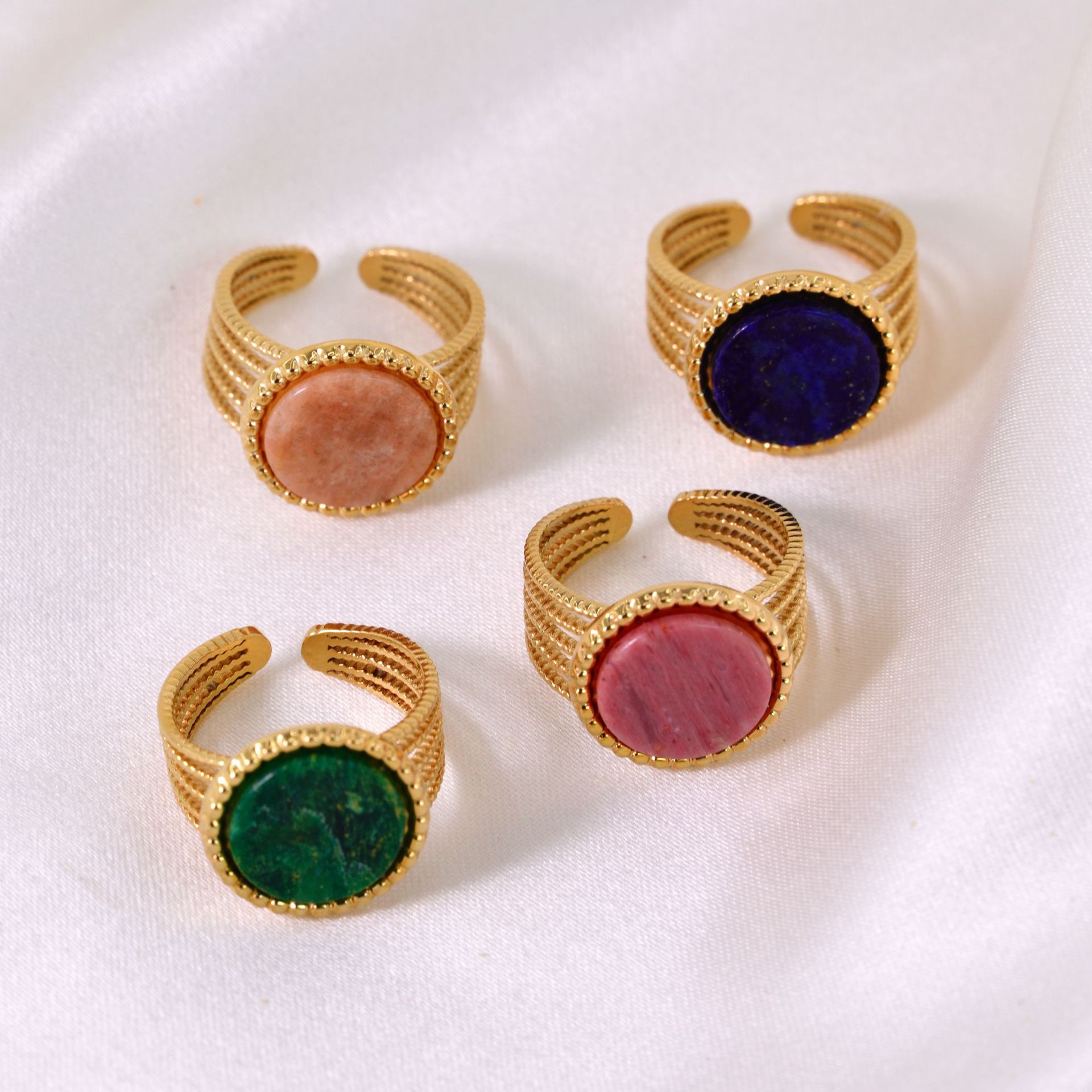 Natural Stone Inlay Material Retro French Style Geometric Titanium Steel Natural Stone Open Rings In Bulk