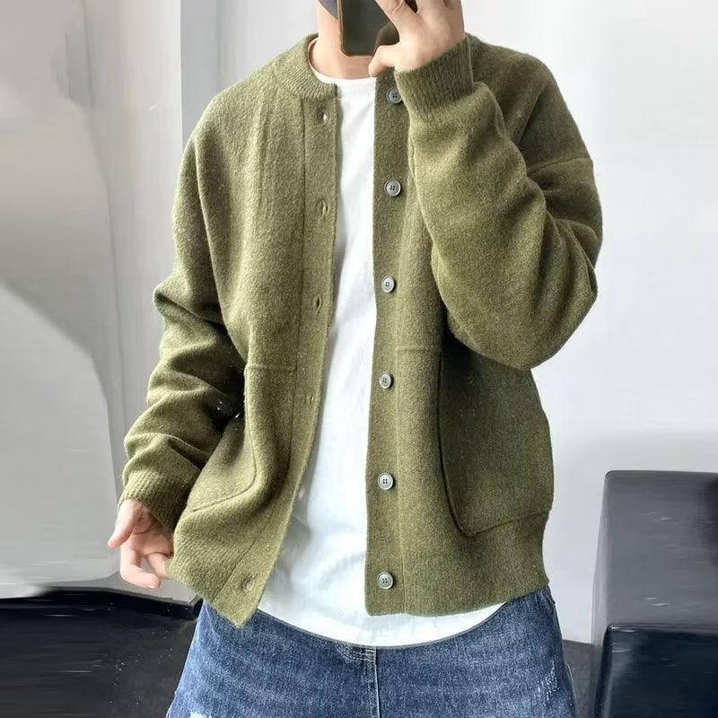 Japanische Rundhals-Strickjacke Herren Frühlings-und Herbst modelle Hong Kong Style Strick pullover Rundhals jacke einfache lose dicke Pullover jacke