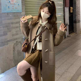 2025秋冬季牛角扣大衣韩系娃娃领甜美毛呢大衣长款外套女小个子呢