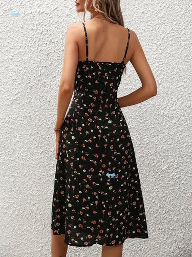 Shoulder Strap Off-the-Shoulder Slit Floral Dress Women