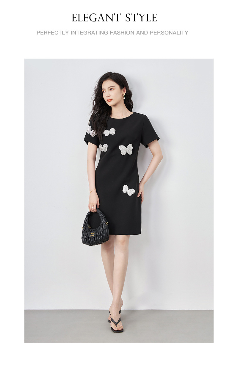 Đầm suông nữ midi tay ngắn cổ tròn, họa tiết hoa nổi sequin lấp lánh, phom suông che khuyết điểm — Màu đen chi tiết 11
