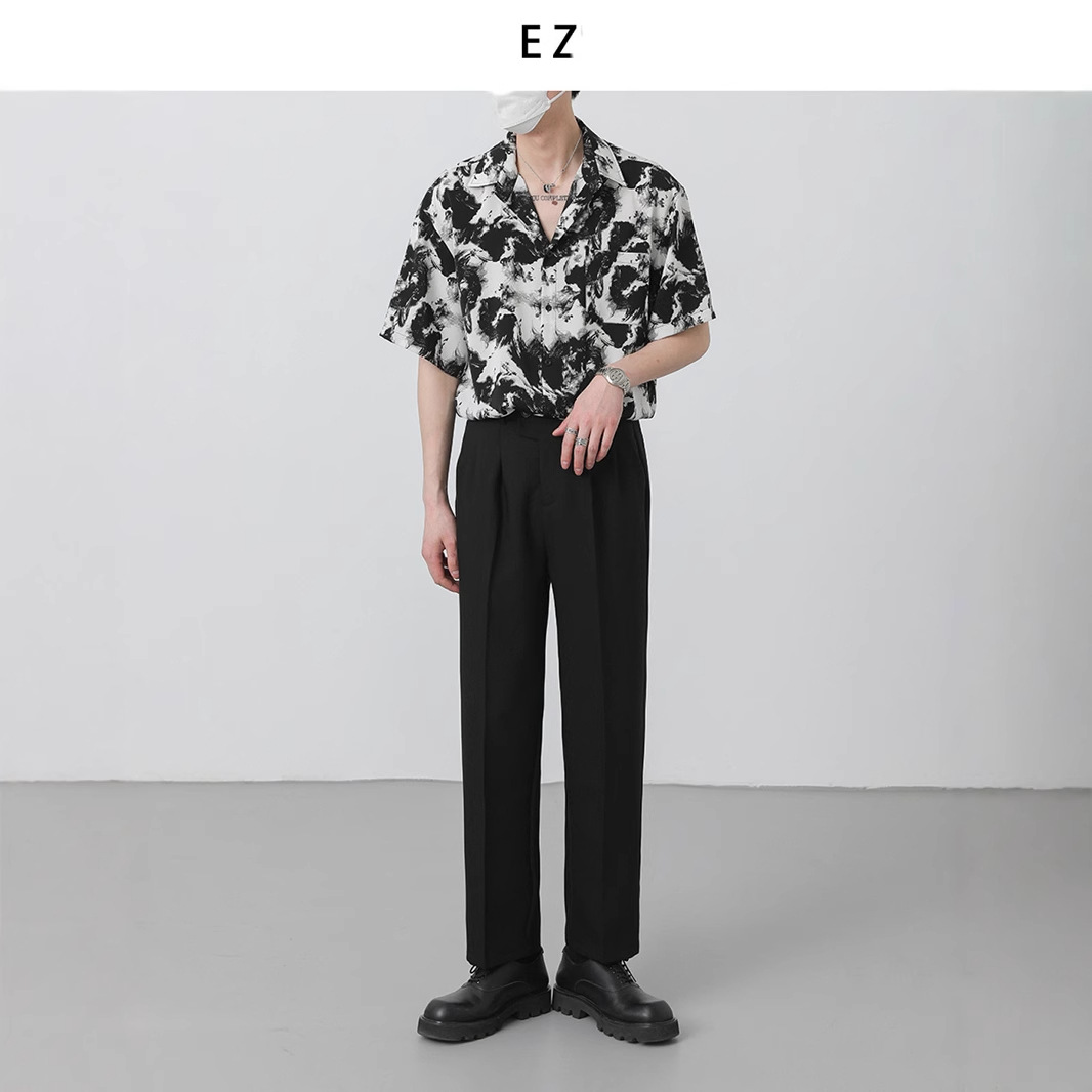 Top de verano Corea del Sur suelta de alto grado drapeado camisa de manga corta de moda masculina Ruan pintura de tinta guapo Camisa sin planchar moda