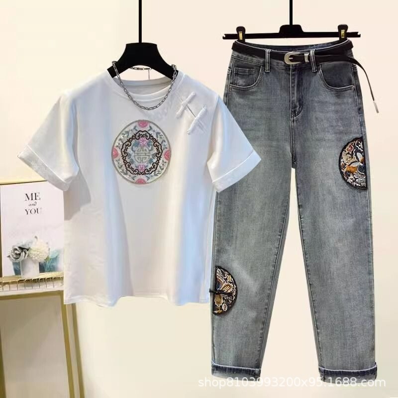 2024 Summer New Fashionable All-match Slim T-shirt Top Women's New Chinese Style National Style Embroidered Jeans Two-piece Set