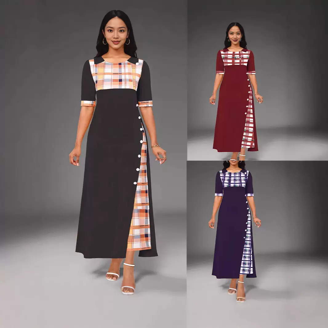 大量现货2025新款连衣裙亚马逊爆款圆领撞色中袖不规则长款连衣裙