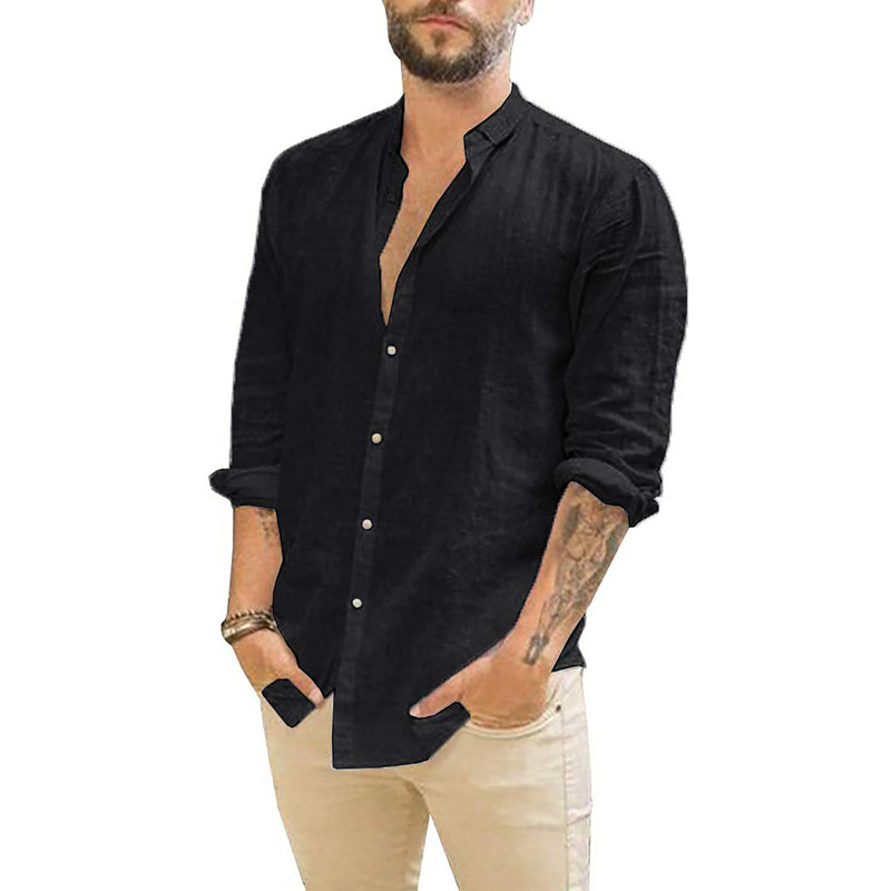2022 Amazon wish AliExpress European and American men's new linen cardigan solid color casual collar long sleeve shirt