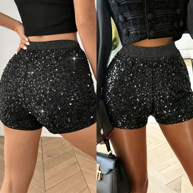 S391512 Black Sequin Tight Shorts for Women, Hot Girl Style, High Waist, Slimming, Hip-Hugging, Sexy Hot Pants for Nightclub Party