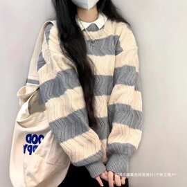 韩系简约条纹奶呼呼毛衣女秋冬奶系外穿宽松慵懒风软糯针织衫上衣