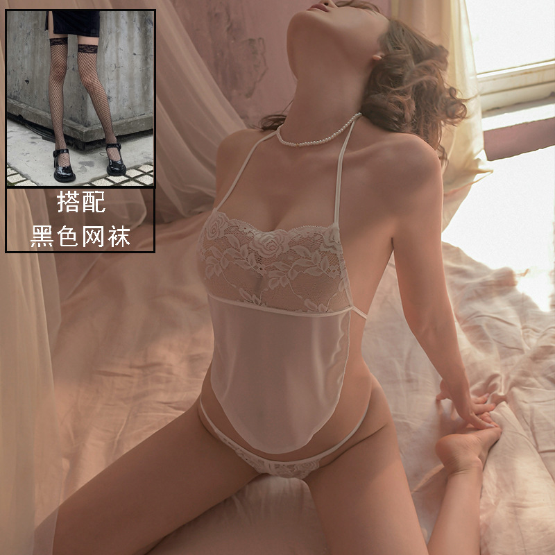 [1148] 화이트 배꼽 + 팬티 + 블랙 레이스 네트 스타킹