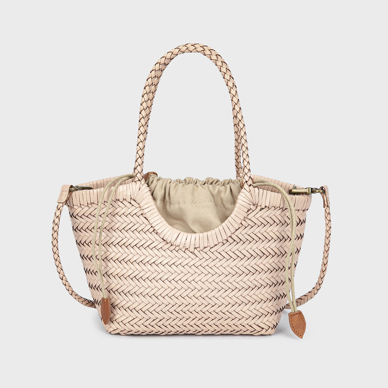 2026 Spring/Summer New Woven Market Basket Shoulder Crossbody Bag For Women Retro Genuine Leather Handbag Vacation Style Bag - Thumbnail 8