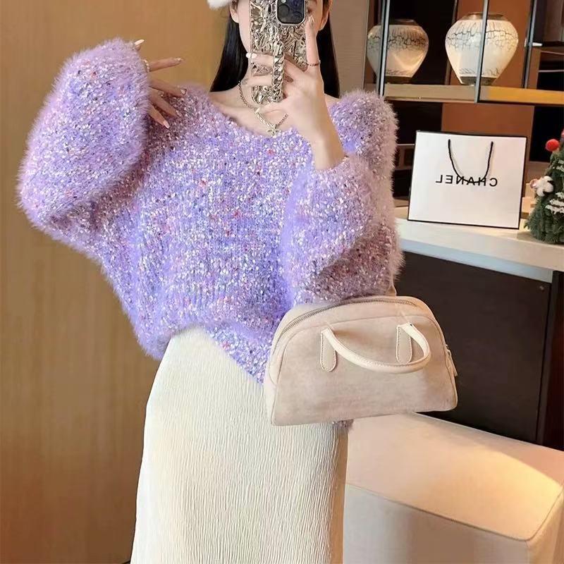 Gentle Style V-Neck Loose Sweater for Petite Women, Lazy Style, Thick Coarse Yarn, Short Mohair Knitwear for Autumn and Winter