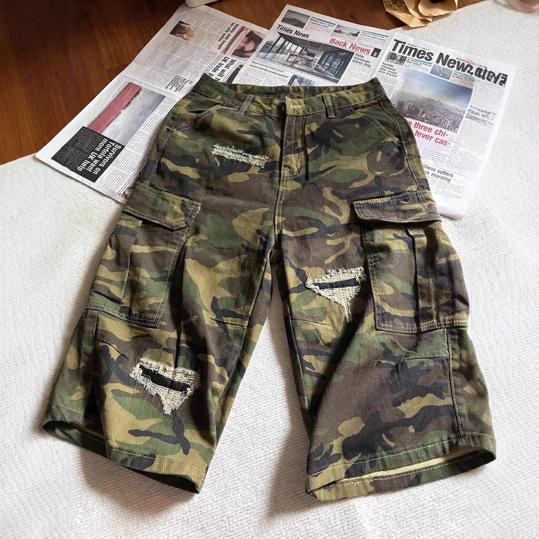 Camouflage Ripped Denim Shorts Men Summer Thin American Style Straight Knee-Length Cargo Shorts