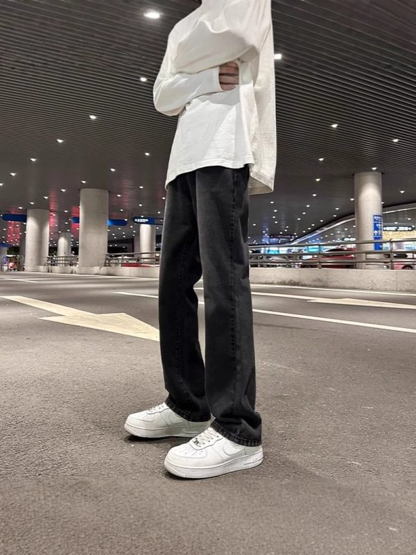 黑色微喇水洗牛仔裤男直筒宽松美式高街vibe裤子潮流百搭休闲长裤|undefined