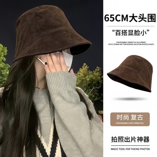 Early spring hat women's 2026 new suede big head circumference showing face small fisherman hat breathable sun protection bucket hat