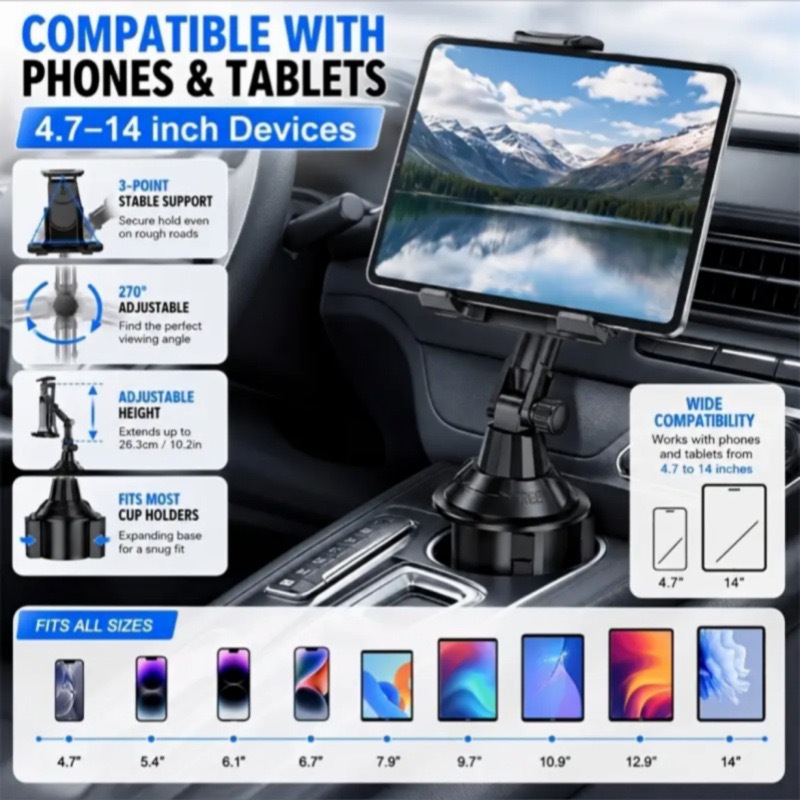 Cross-border car cup holder dual-use for mobile phones and tablets, long-joint rotating adjustable navigation universal phone holder