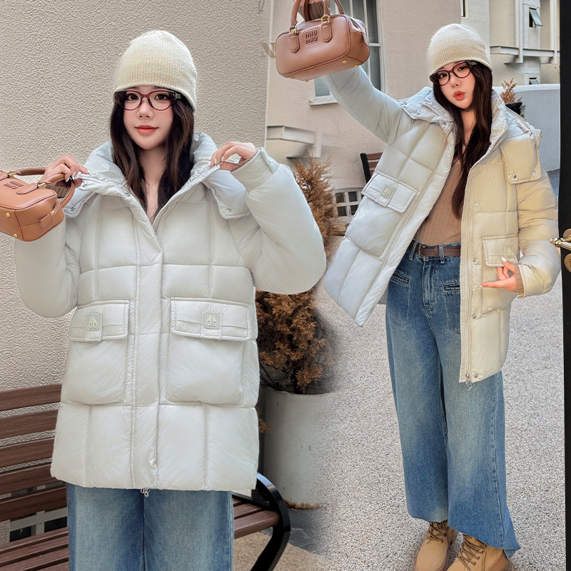 连帽棉服女冬2025新款大口袋中长款时尚洋气保暖宽松运动纯色棉衣