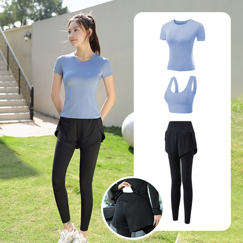 Trajes de yoga para mujeres de verano para correr ropa deportiva suelta rápida ropa seca bolsillo para correr trajes de mujeres de la mañana para correr comercio exterior