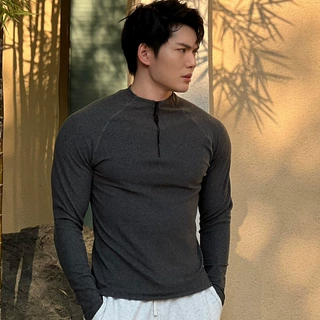 秋冬季修身保暖半高领拉链运动健身打底衫T恤男德绒显大长袖