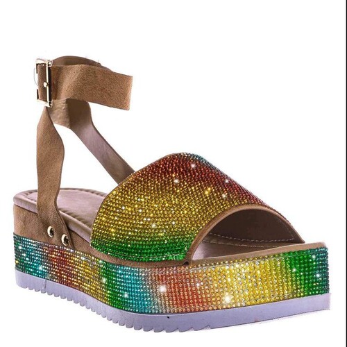 Large size women's shoes summer new foreign trade large size thick bottom rhinestone sandals women's European and American fish mouth color 43 size women's sandals