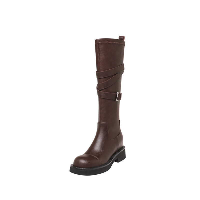 Boot nữ mũi tròn cao gót đế dày phong cách hiệp sĩ có khóa thắt lưng — Lớp lót nhung đen
