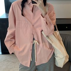 新款高档粉色衬衫女外穿百搭秋季长袖上衣少女感打底衬衣工厂直发