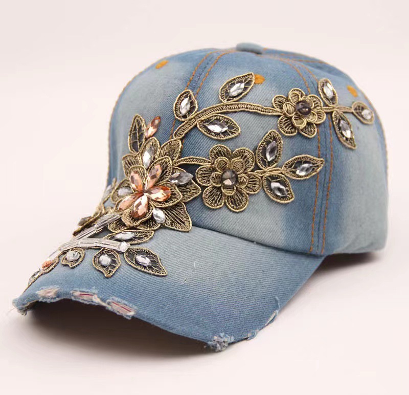 Comercio exterior sombrero de vaquero diamante hecho a mano gorra de béisbol industria pesada oro seda flor sombrero moda rhinestone sombrero fábrica al por mayor