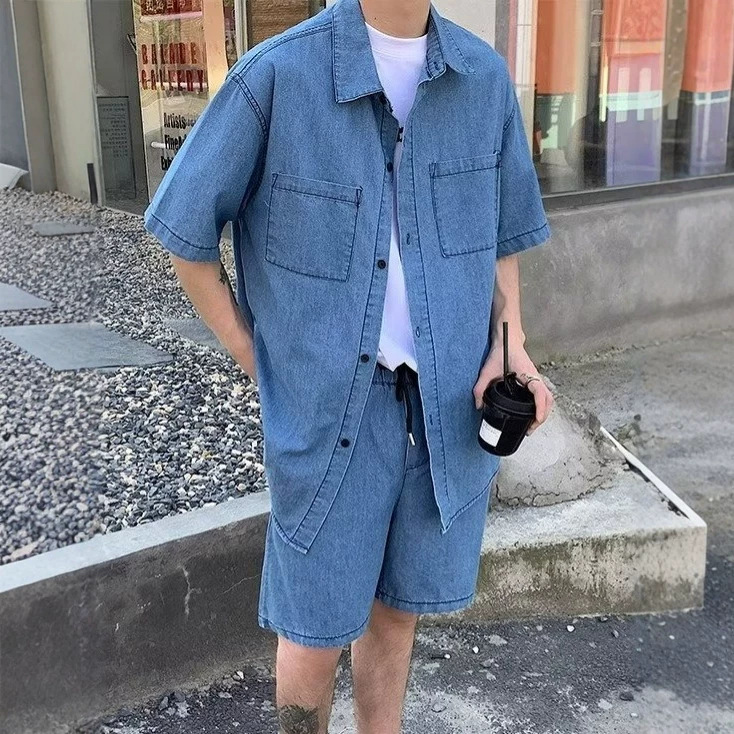 Summer American Retro Denim Short-Sleeve Shirt Set for Men - Trendy, Cool, Casual Washed Cargo Shorts Two-Piece Set