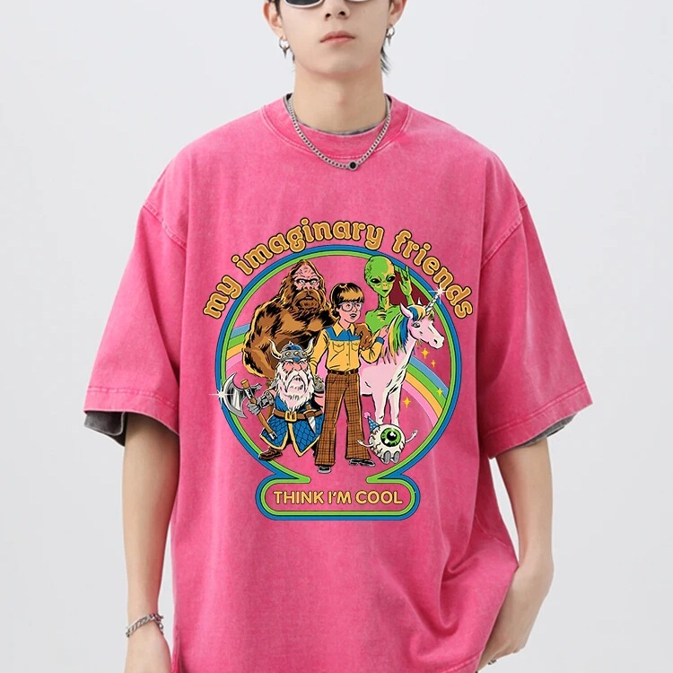 Imagine a Cotton T-Shirt That's Washed and Looks Cool, Loose-Fitting, Hip-Hop Style, Suitable for Friends, Soft, Breathable, Vintage T-Shirt for Men