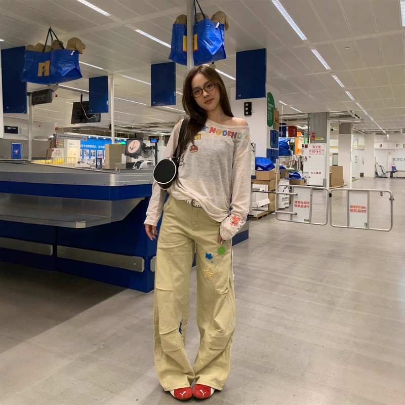 Starfish Embroidered Scimitar Cargo Pants for Women 2025 Autum New Pleated Design Loose Straight Wide Leg Long Pants