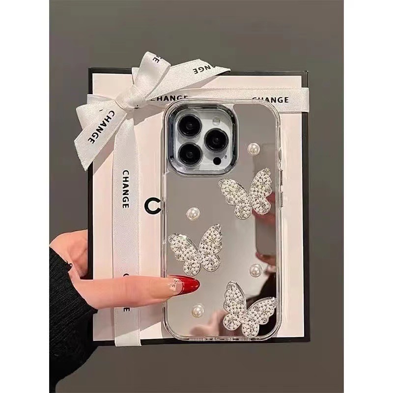 Cosmetic Mirror Stereo Butterfly Suitable for Apple 16Promax Mobile Phone Case Stereo Pearl Apple 16/15P Protective Cover
